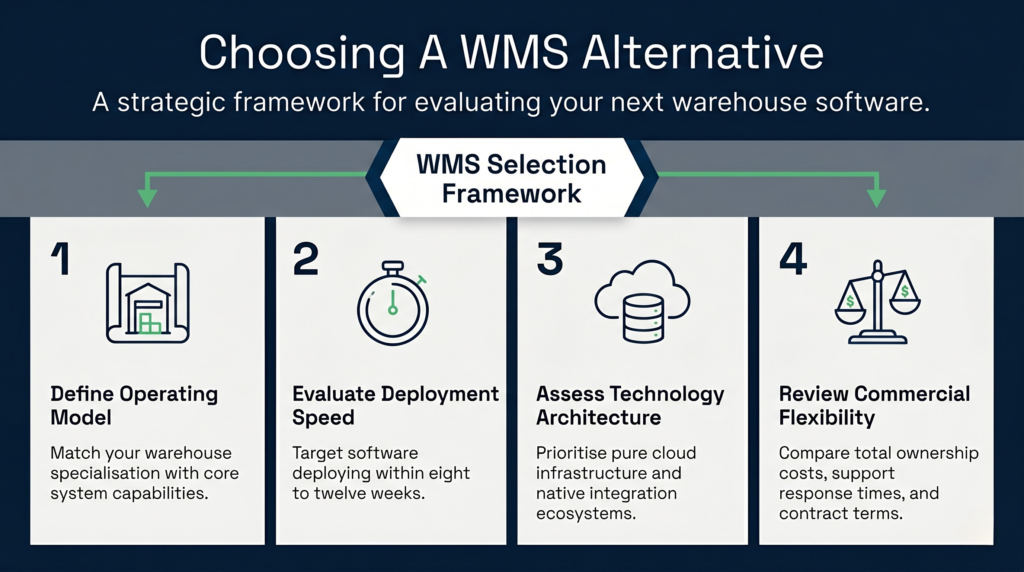 Strategic framework for evaluating and choosing a warehouse management system (wms) alternative | clarus wms A horizontal infographic detailing a four-step strategic framework for selecting a new warehouse management system. The four columns, connected by a central "wms selection framework" banner, outline key steps: define operating model, evaluate deployment speed, assess technology architecture, and review commercial flexibility.